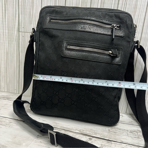 Gucci Vintage Black GG Monogram Canvas Crossbody Messenger Bag Leather Trim - Picture 8 of 13